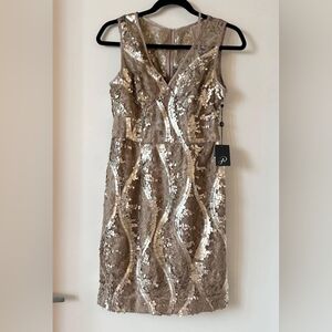 Adrianna Papell Gold Sequins Lace Sheath Cocktail Dress; brand new size 4